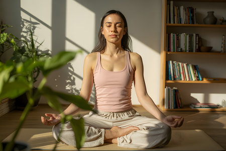 Serene meditation scene with woman in lotus pose, soft sunlight and dappled shadows on wooden floor, surrounded by plants and warm bookshelf ambiance.の素材