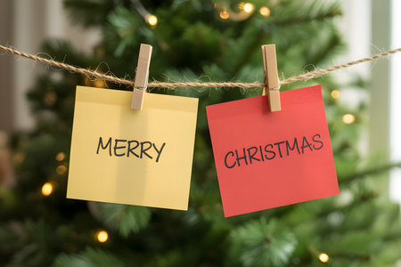 Whimsical holiday sticky notes reading 'merry' and 'christmas' on a string against a blurred green tree backdrop, enhanced by warm lighting and festive decor.の素材