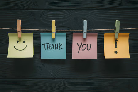 Flat lay of colorful sticky notes on dark wood: smiley face, 'Thank', 'you', and exclamation mark secured with muted clothespins. Modern, minimalist design. Thank you day.の素材