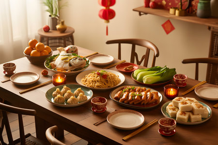 Elegant Chinese New Year dinner table, featuring traditional dishes like steamed fish, dumplings, and longevity noodles, set in warm golden lighting with festive decorations.の素材