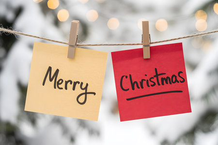 Festive sticky notes hangingâ'merry' on cream, 'christmas' on redâagainst a magical snowy backdrop, illuminated by warm holiday light for a cozy winter ambiance.の素材