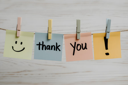 Vibrant arrangement of pastel sticky notes on a light wooden background, featuring cheerful messages and soft clothespins, perfect for a bright and minimalist aesthetic. Thank you day.の素材