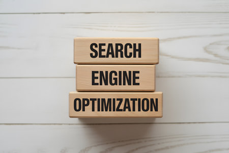 Top-down flat lay of three light wooden blocks stacked with bold text SEARCH, ENGINE, OPTIMIZATION on a white plank background. Minimalist, professional aesthetic.の素材