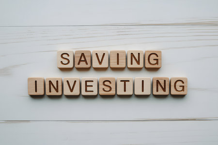 Top-down view of wooden letter tiles spelling âSAVING INVESTINGâ on a light wooden plank. Clean, minimalist composition with natural textures in soft lighting.の素材