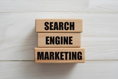 Top-down view of three light wooden blocks stacked, featuring bold black text: SEARCH, ENGINE, and MARKETING. Minimalist composition on white wood background.の素材
