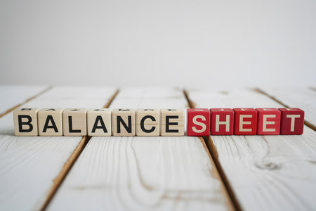 Close-up of 'BALANCE SHEET' in wooden letter blocks on a light textured surface, perfect for finance, accounting, and business-themed visuals.の素材