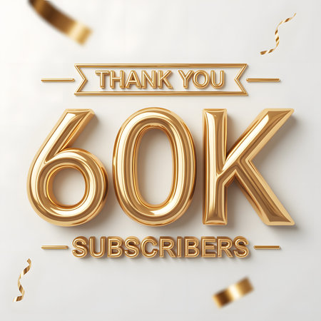Celebratory 3D text design for 60K subscribers: 'THANK YOU' in metallic gold, featuring elegant lettering and festive confetti on a clean white background.の素材