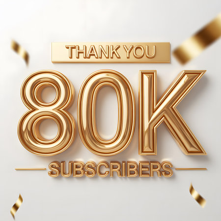 Celebrate 80K subscribers with this elegant 3D text design featuring 'THANK YOU' in gold on a clean white background, complete with festive confetti.の素材