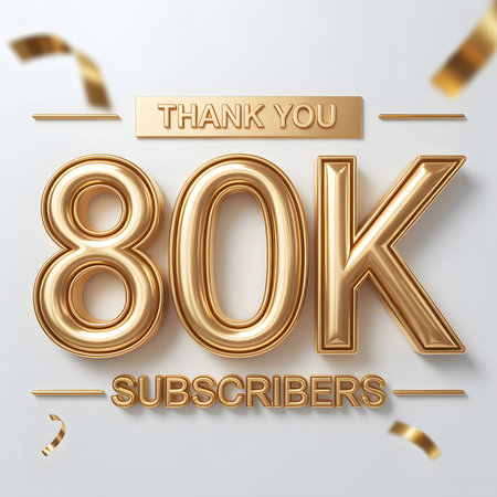 Celebrate 80K subscribers with this elegant 3D text design featuring 'THANK YOU' in gold on a clean white background, complete with festive confetti.の素材