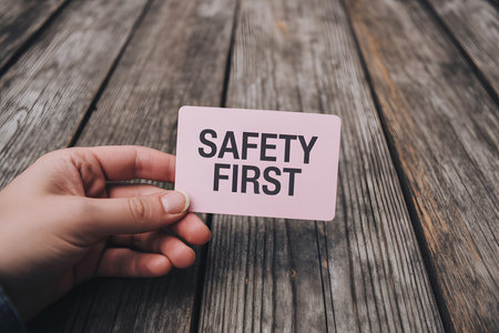Close-up of a hand holding a light pink card that reads "SAFETY FIRST," set against a rustic, weathered wooden background with rich grain patterns.の素材