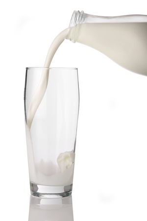 pour milk from bottle into glassの写真素材