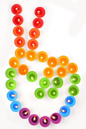 steel chips in rainbow colors shown the peace fingers symbol.の写真素材