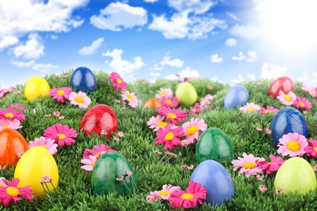 Colorful easter eggs on meadow with blue sky.の写真素材