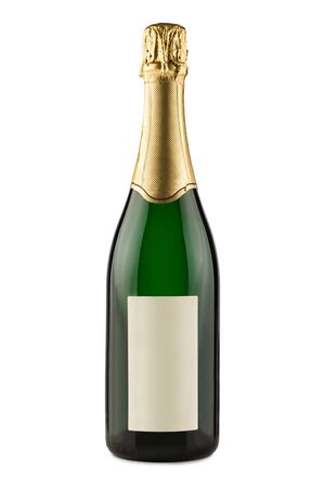 bottle of champagne in front of white backgroundの写真素材