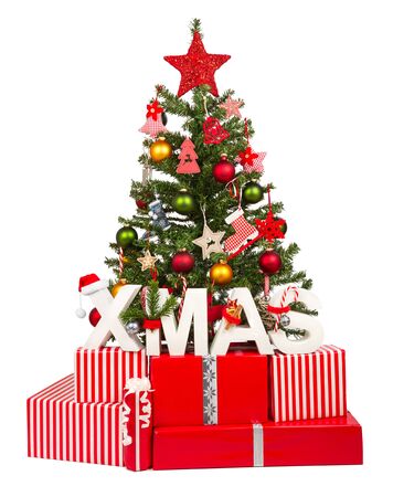 christmas tree with xmas lettering in front of white backgroundの写真素材