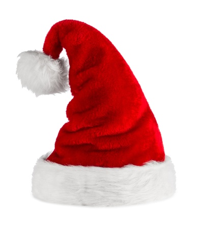 red white santa hat in front of white backgroundの写真素材