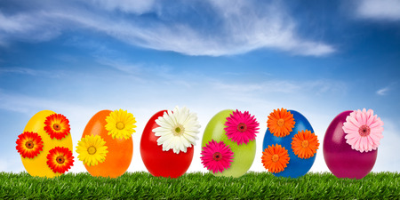 row of decorated easter eggsの写真素材