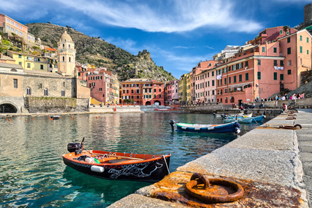fishing boats in Vernazza Italyの写真素材