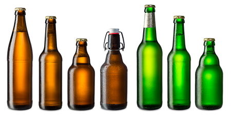 set of cold brown and green beer bottlesの写真素材