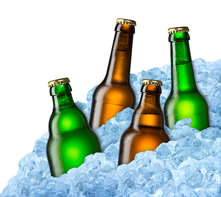blue and green beer bottles on iceの写真素材