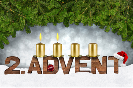 second advent concept with candles and fir branchesの写真素材