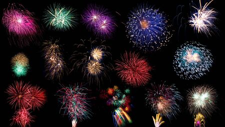 collection of colorful fireworks on black backgroundの写真素材