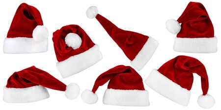 collection of red white santa hatsの写真素材