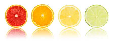 row of various citrus slices on white backgroundの写真素材