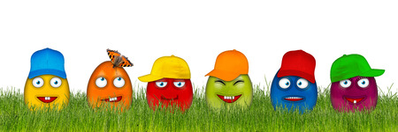 colorful easter eggs with funny faces isolated on white backgroundの写真素材