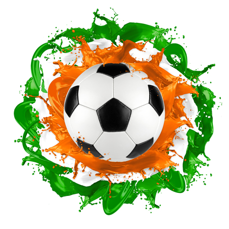 retro soccer ball with romanian flag color splash isolated on white backgroundの写真素材