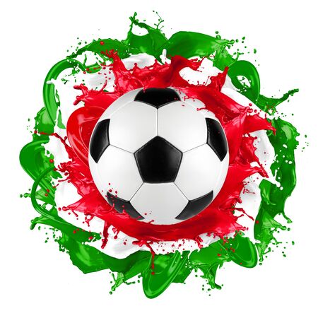 retro soccer ball with romanian flag color splash isolated on white backgroundの写真素材