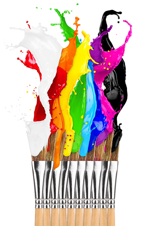 colorful color splashes paintbrush row isolated on white backgroundの写真素材