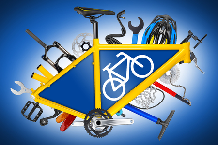 bicycle frame with parts and road sign symbol on blue backgroundの写真素材