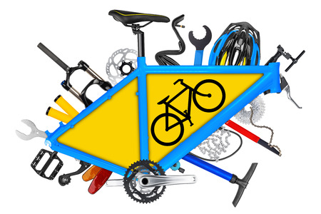 bicycle frame with parts and road sign symbol isolated on white backgroundの写真素材