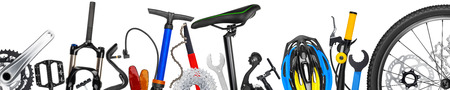 bicycle parts panorama isolated on white backgroundの写真素材