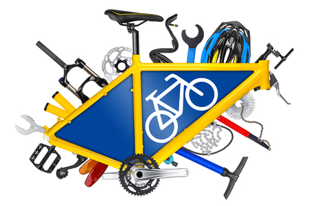 bicycle frame with parts and road sign symbol isolated on white backgroundの写真素材