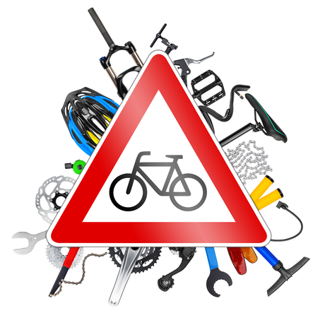 bicycle road sign concept with various bike parts isolated on white backgroundの写真素材