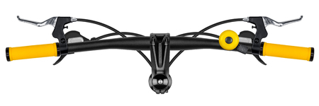 bicycle handlebar with yellow grips isolated on white backgroundの写真素材