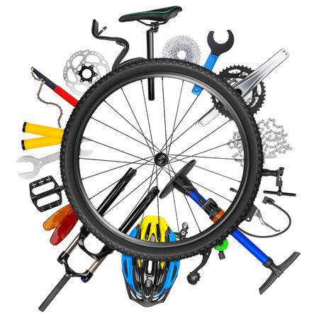 bicycle wheel concept with various bike parts isolated on white backgroundの写真素材