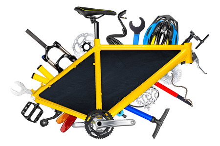 bicycle frame with parts and empty blackboard isolated on white backgroundの写真素材
