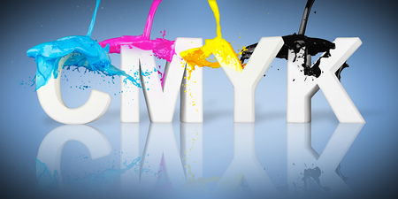 CMYK paint splash on letters on blue backgroundの写真素材
