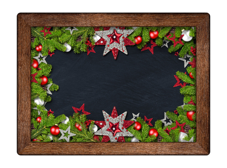 decorated christmas xmas blackboard chalkboard with wood frame fir branches christmas decoration red silverの写真素材