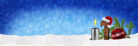 first sunday in advent conept xmas panorama blue background with candles ball bauble snow and red silver decorated fir branchesの写真素材
