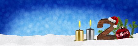 second sunday of advent concept xmas panorama blue background with candles ball bauble snow and red...