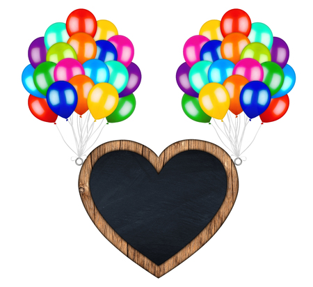 bunch of colorful balloons carry flying heart shaped billboard chalkboard isolated on white backgroundの写真素材