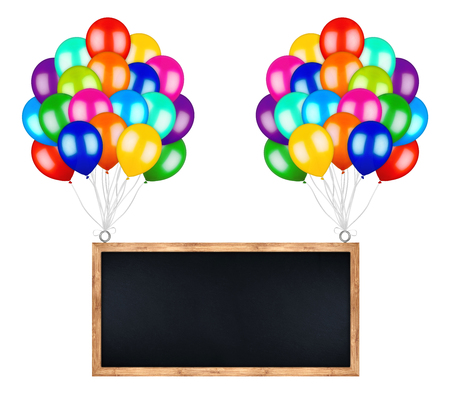 bunch of colorful balloons carry flying billboard chalkboard isolated on white backgroundの写真素材