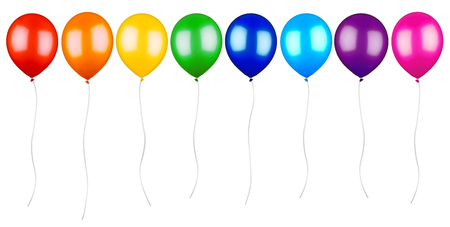 row of colorful balloons with string cord isolated on white backgroundの写真素材