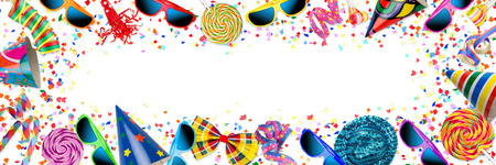 colorful wide panorama party carnival birthday celebration background with colorful streamer candy lolly pop sunglasses confetti hat lolly pop isolated on whiteの写真素材