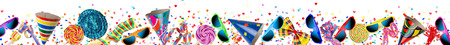 colorful wide panorama party carnival birthday celebration background with colorful streamer candy lolly pop sunglasses confetti hat lolly pop isolated on whiteの写真素材