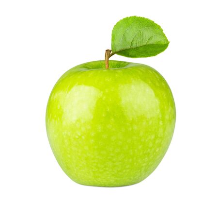 fresh green apple fruit with leaf isolated on white backgroundの写真素材